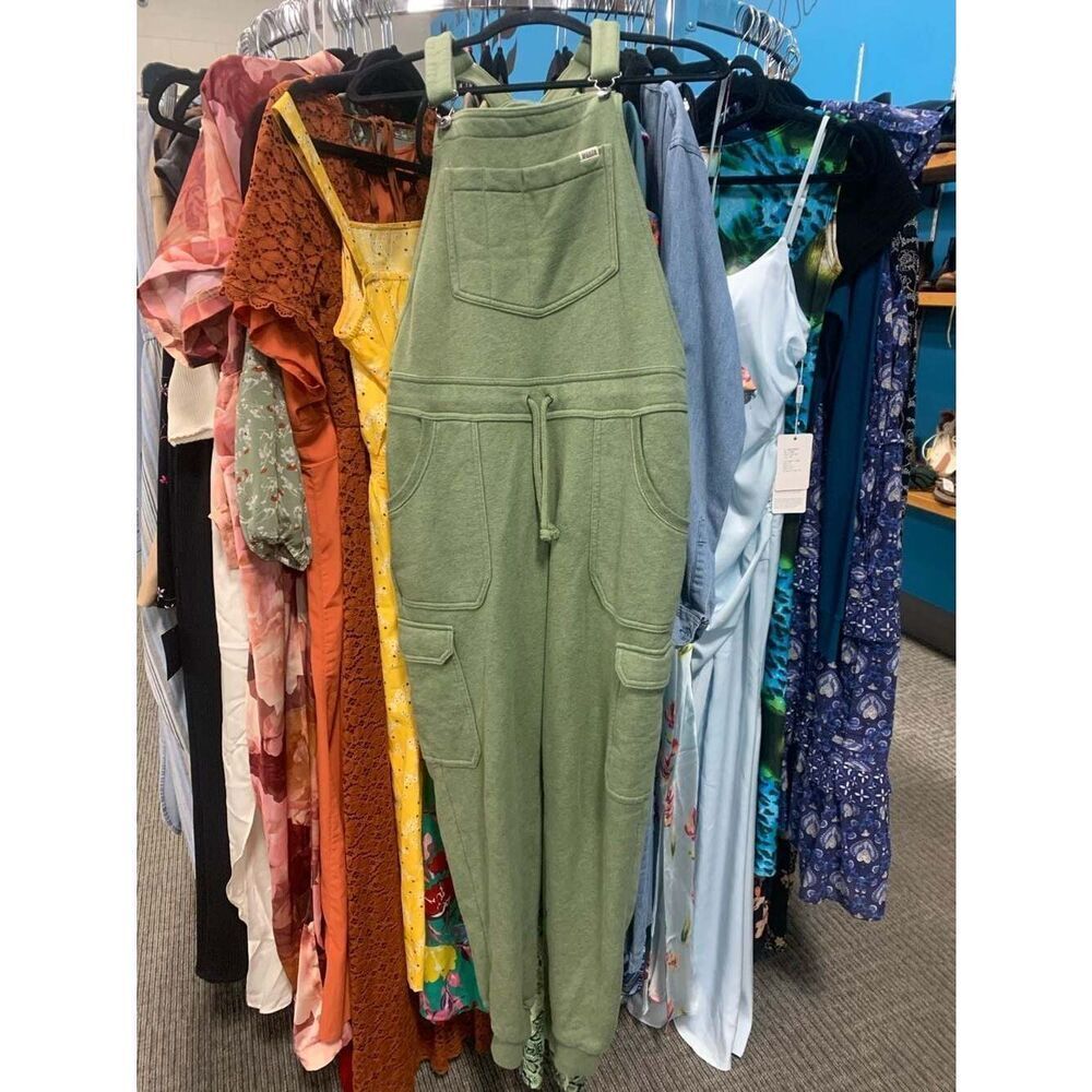 Duluth Trading Co Women's Souped-Up Sweats Fleece Lined Overalls in Heather Gree - Picture 2 of 6